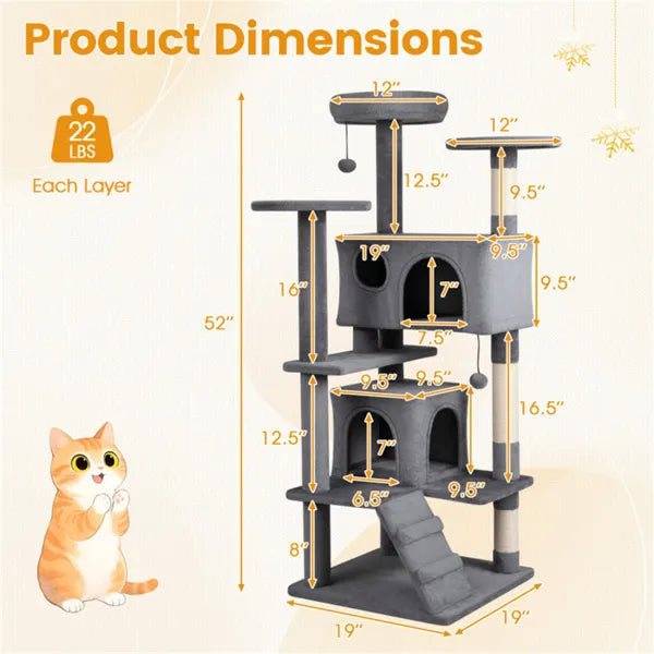 52" Cat Tree Tower With Perches, Condos & Scratching Posts — Multi-Cat Playground